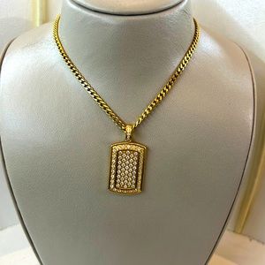 Mens Gold Stainless Steel Dog Tag Pendant With Cubic Zirconia
